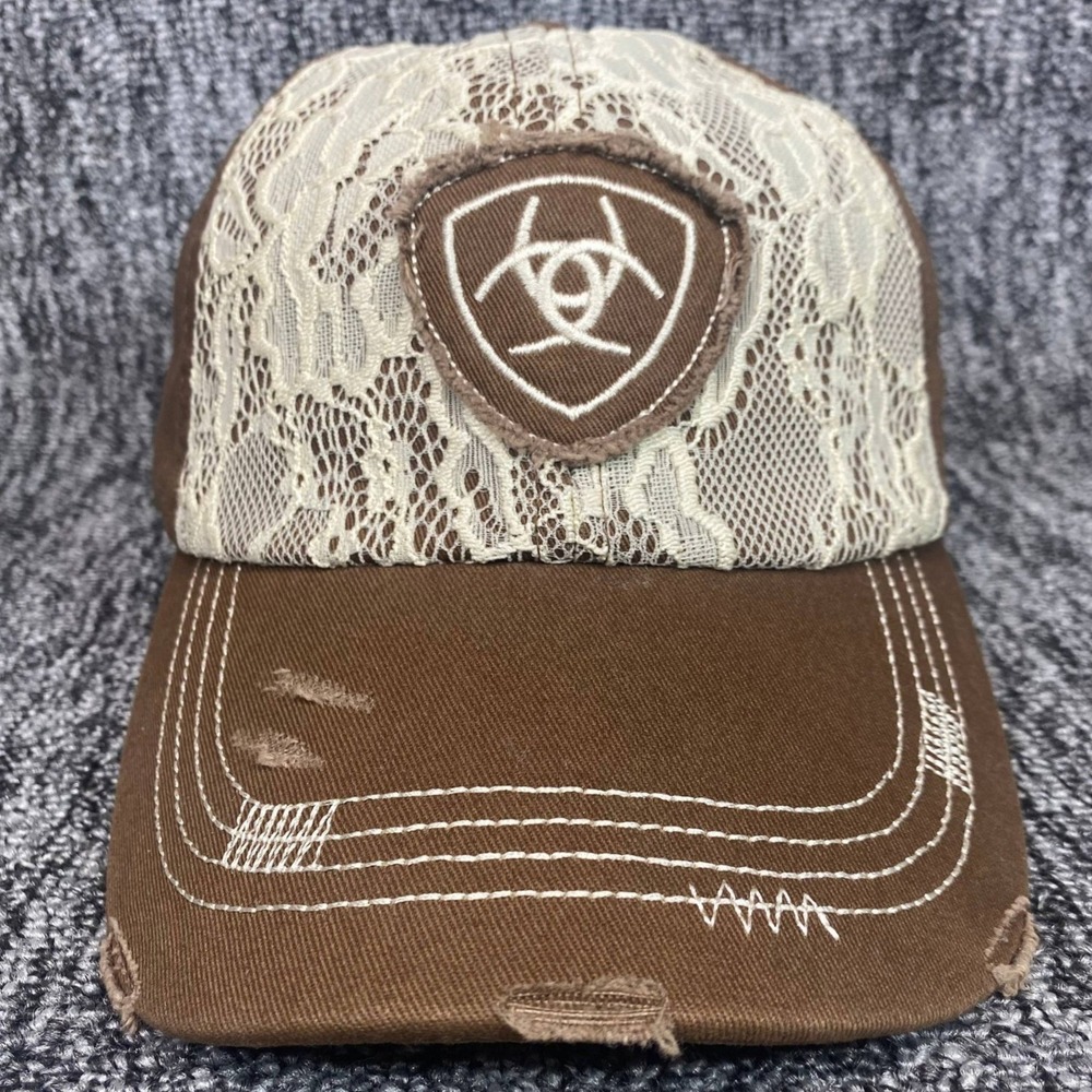 VTG Ariat Floral Lace Overlay Distressed Brown Trucker Baseball Cap Hat Womens